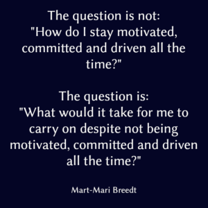 The question is not:
"How do I stay motivated, committed and driven all the time?"

The question is:
"What would it take for me to carry on despite not being motivated, committed and driven all the time?"

Mart-Mari Breedt
